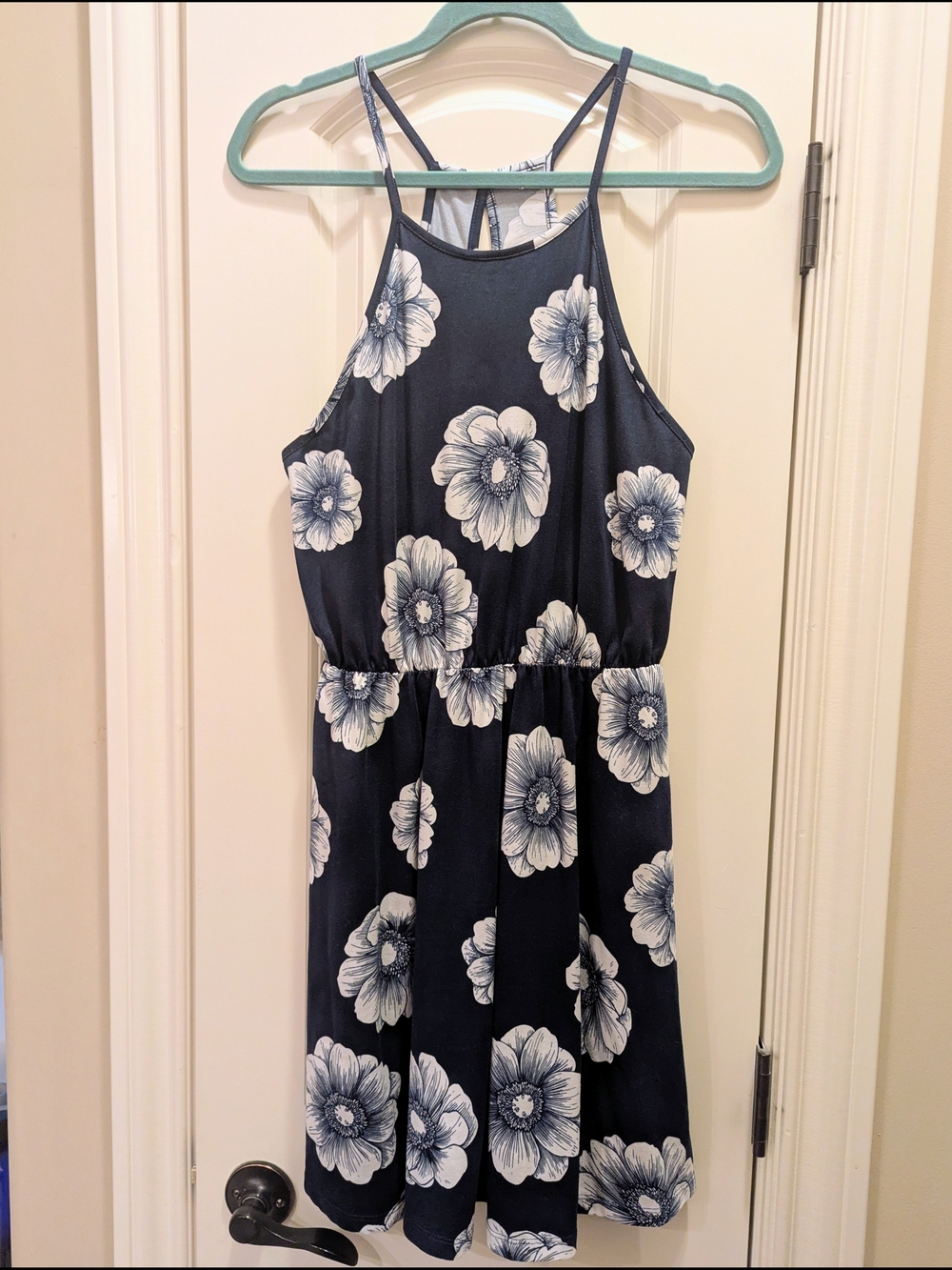 Everly for Francesca's Navy Blue and White Floral Halter Dress, Rare